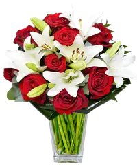 Bouquet rose rosse e lilium bianchi